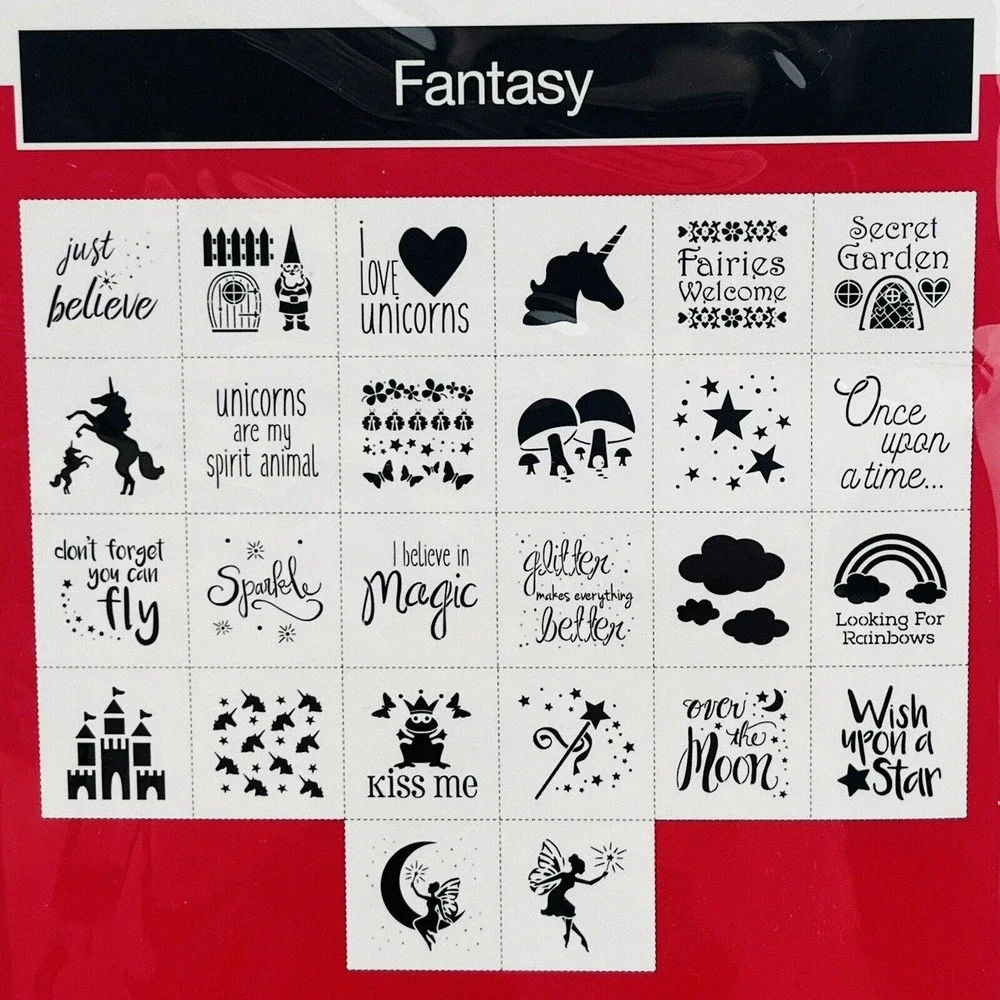 FolkArt Fantasy Stencils 26 Piece‎ Value Pack 42 Designs Unicorn Fairy Gnome